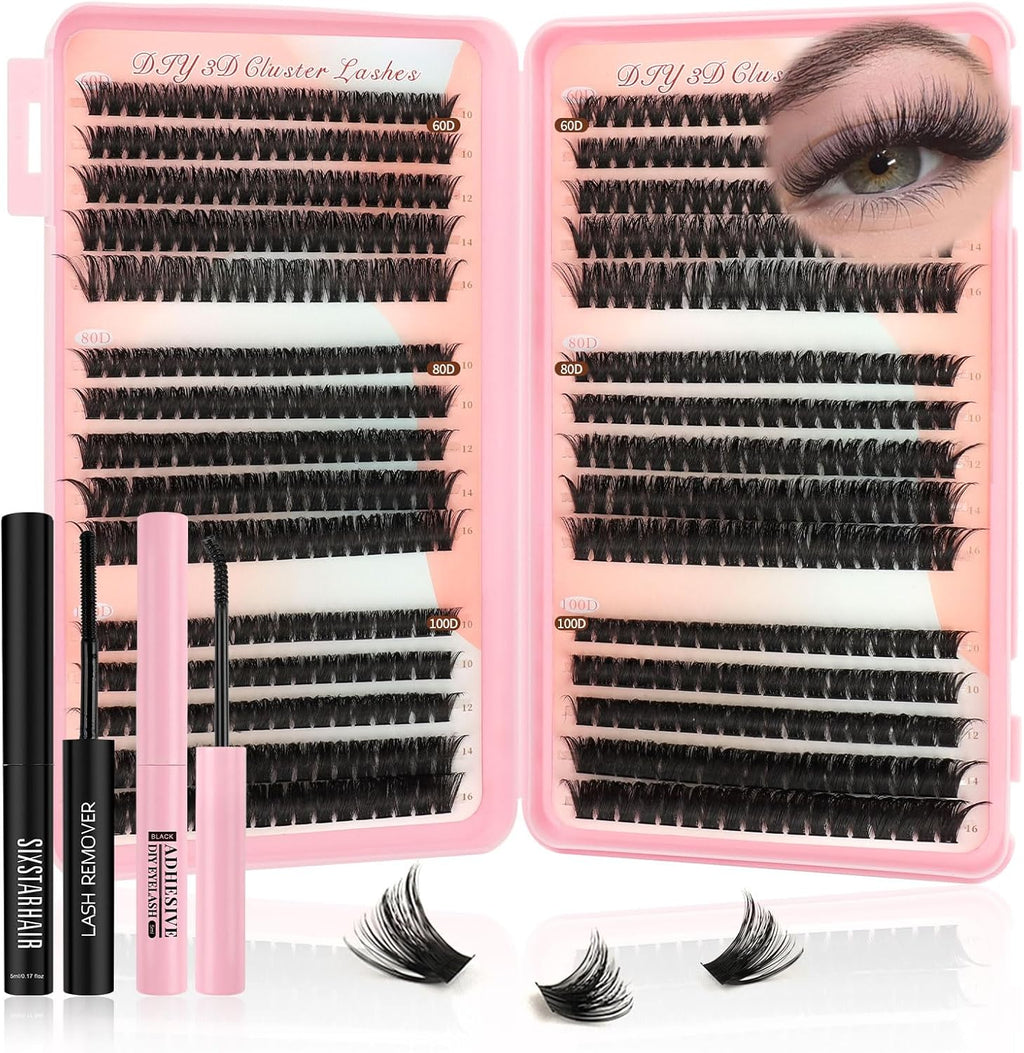 Individual Eyelashes Kit 544Pcs Lash Clusters with Glue and Remover Volume Clusters Lashes Book Kit D Curl Eyelash Extensions for DIY at Home 10-16Mm (60+100+120+150D)