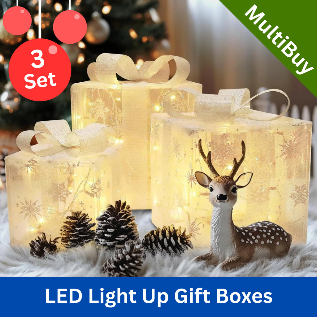 3 Pack Illuminated LED Light up Gift Boxes Christmas Decorations Presents Ribbon