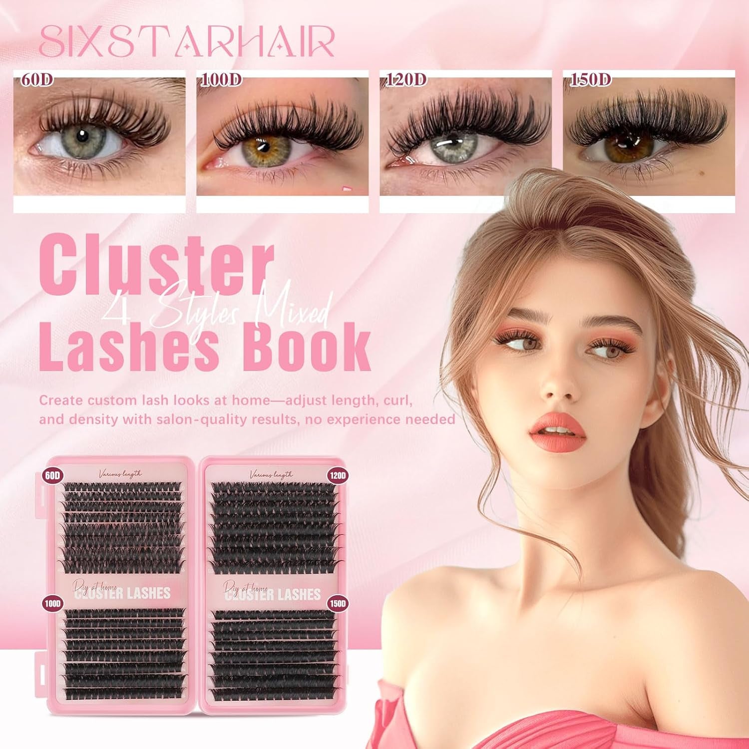 Individual Eyelashes Kit 544Pcs Lash Clusters with Glue and Remover Volume Clusters Lashes Book Kit D Curl Eyelash Extensions for DIY at Home 10-16Mm (60+100+120+150D)