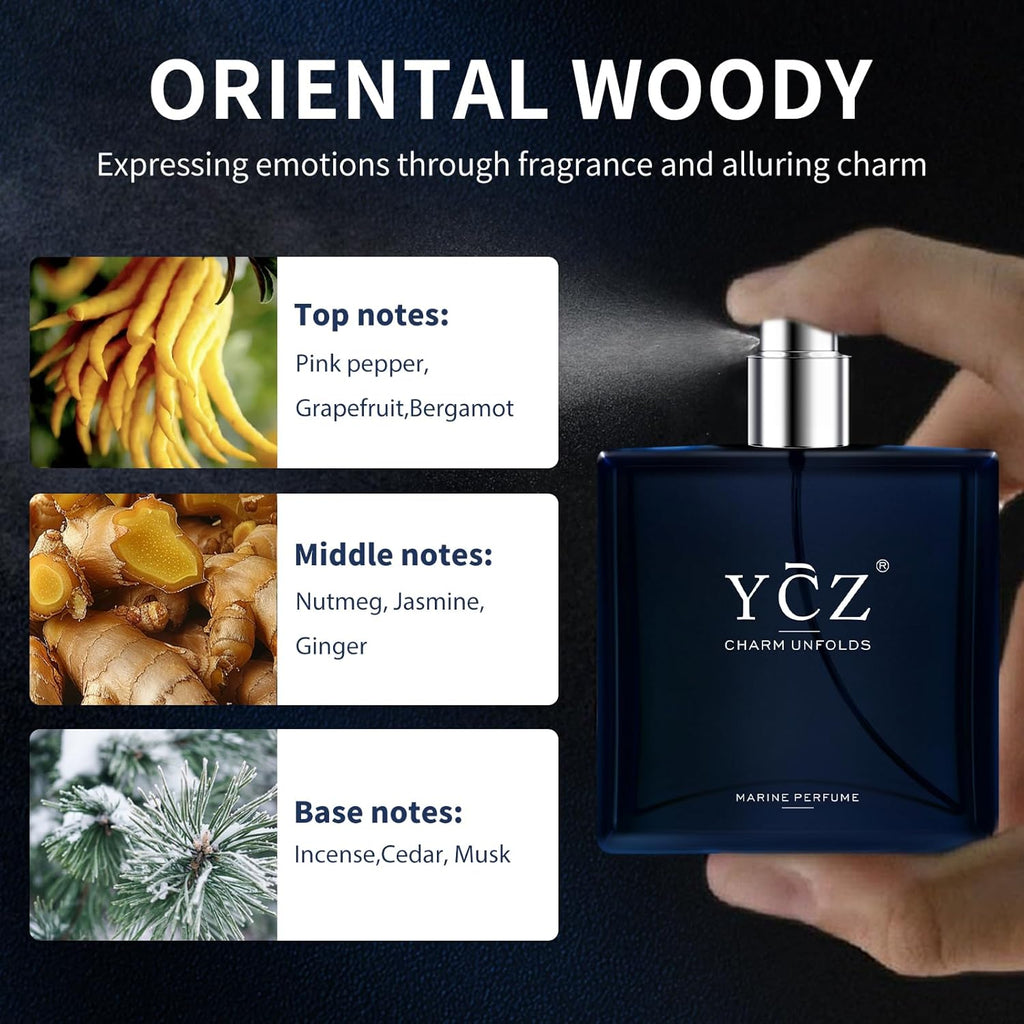 Ycz Charm Unfolds Marine Perfume for Men, 1.7 Oz. Long Lasting Eau De Parfum for Men, Oriental Woody Fragrance - Ideal Special Occasions, Making It the Ideal Gentlemen’S Gift