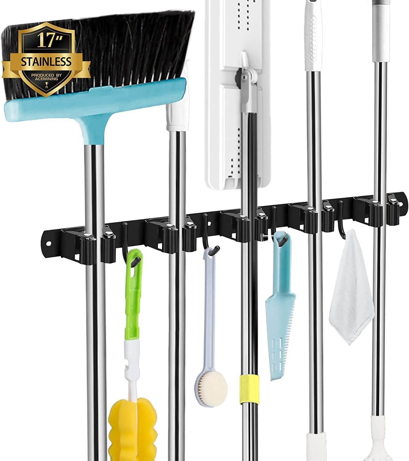 5 Holders+4 Hooks Broom Holder Wall Mounted with Nails Installation, Heavy Duty Stainless Steel Mop Holder, Brush Mop and Broom Storage Self Adhesive