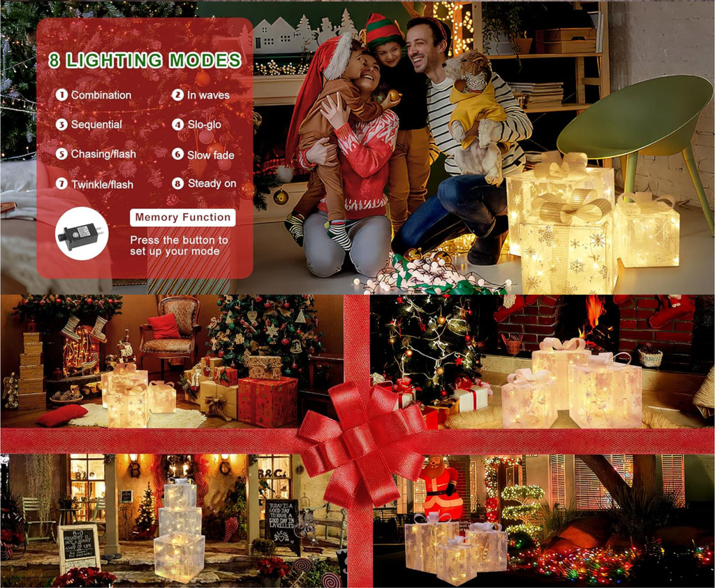 3 Pack Illuminated LED Light up Gift Boxes Christmas Decorations Presents Ribbon