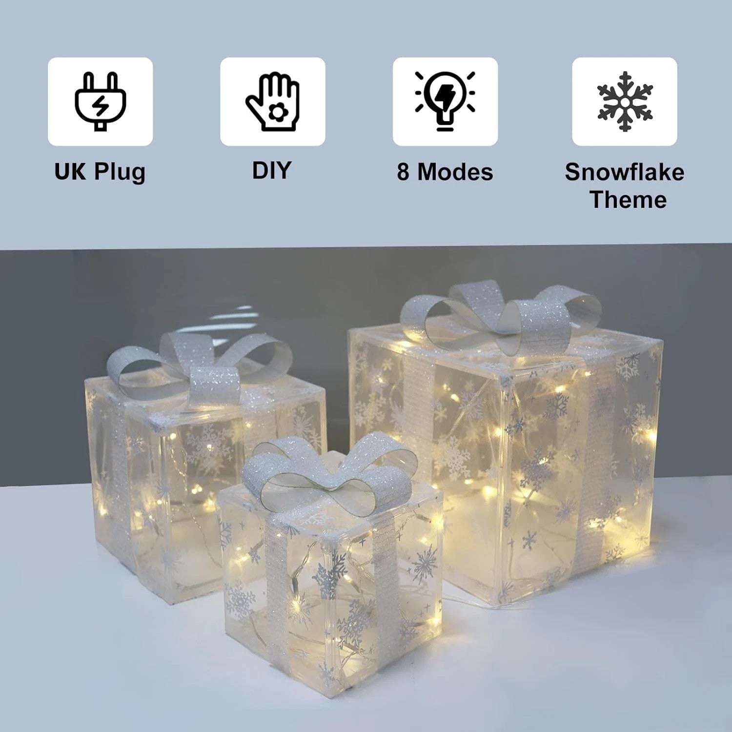 3 Pack Illuminated LED Light up Gift Boxes Christmas Decorations Presents Ribbon