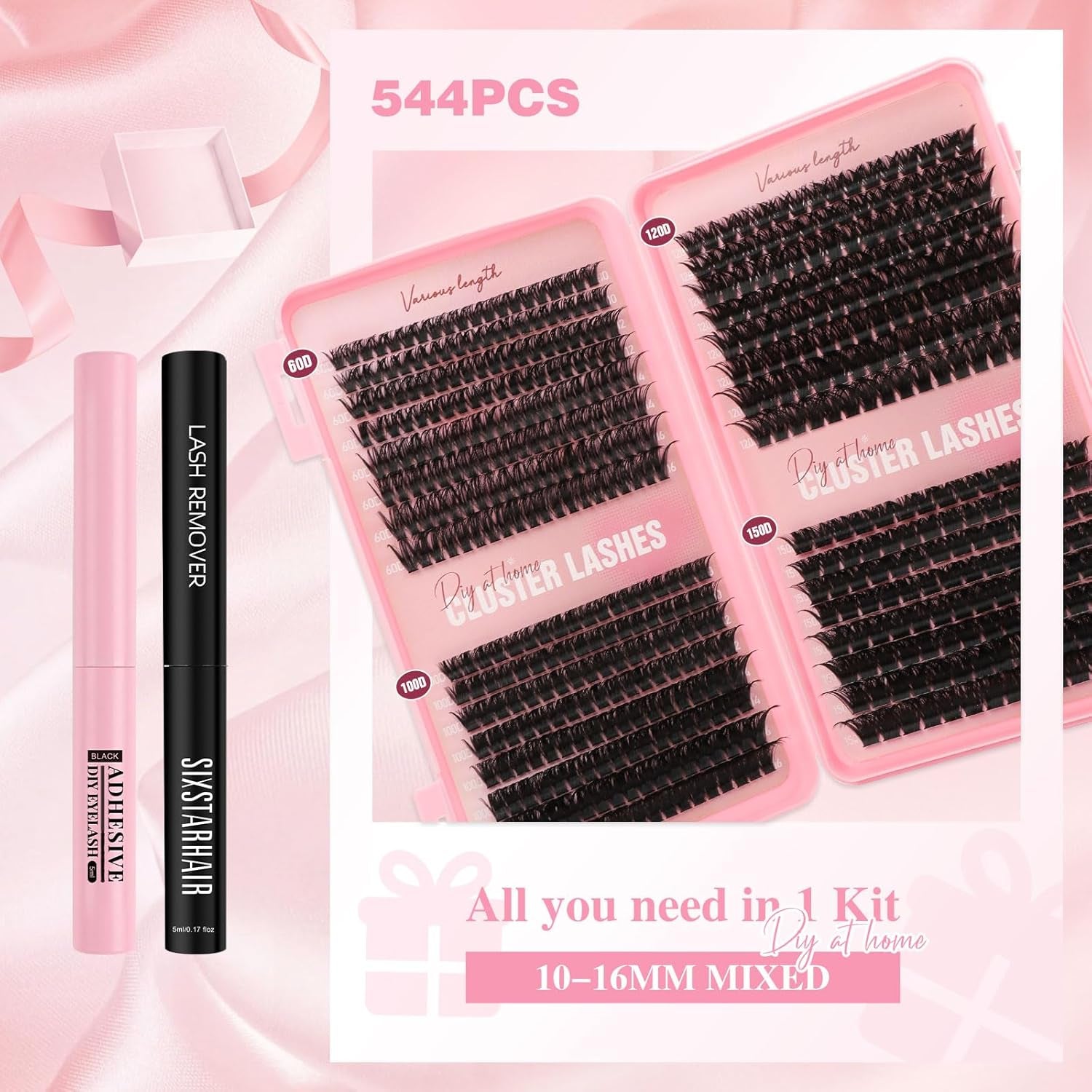 Individual Eyelashes Kit 544Pcs Lash Clusters with Glue and Remover Volume Clusters Lashes Book Kit D Curl Eyelash Extensions for DIY at Home 10-16Mm (60+100+120+150D)