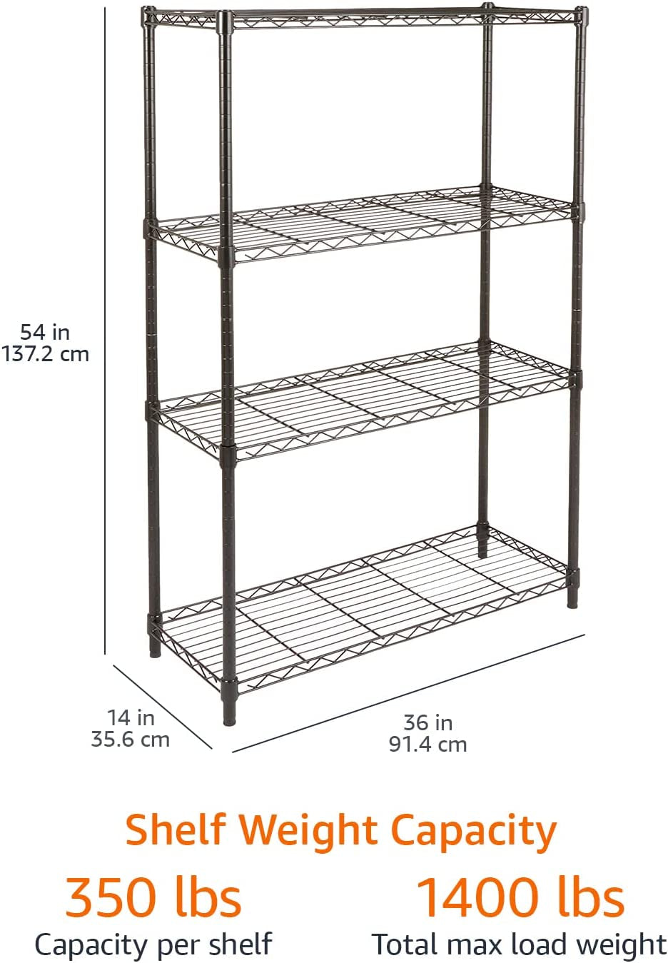 Amazon Basics 4-Shelf Storage Unit with Height Adjustable Shelves and Levelling Feet, 640 Kg Max Weight, Black, 35.6 Cm D X 91.4 Cm W X 137.1 Cm H