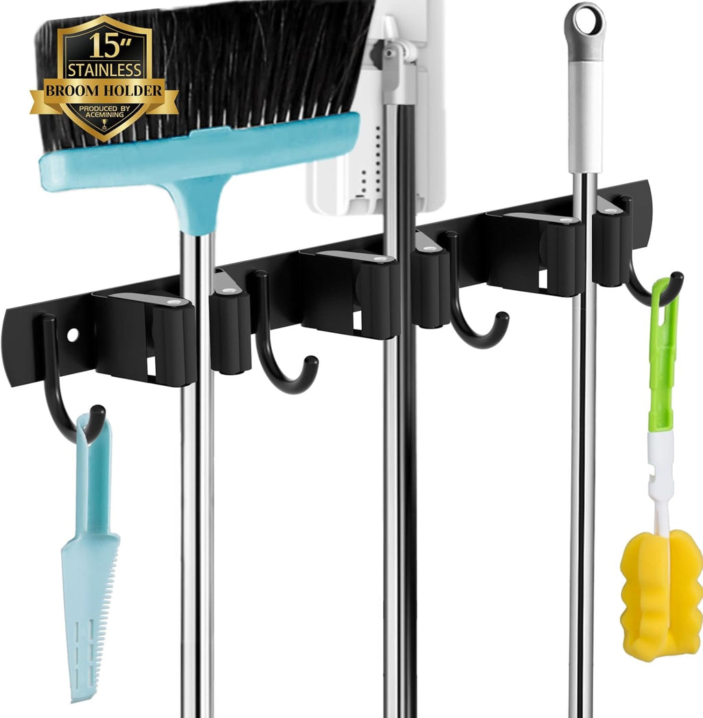 5 Holders+4 Hooks Broom Holder Wall Mounted with Nails Installation, Heavy Duty Stainless Steel Mop Holder, Brush Mop and Broom Storage Self Adhesive