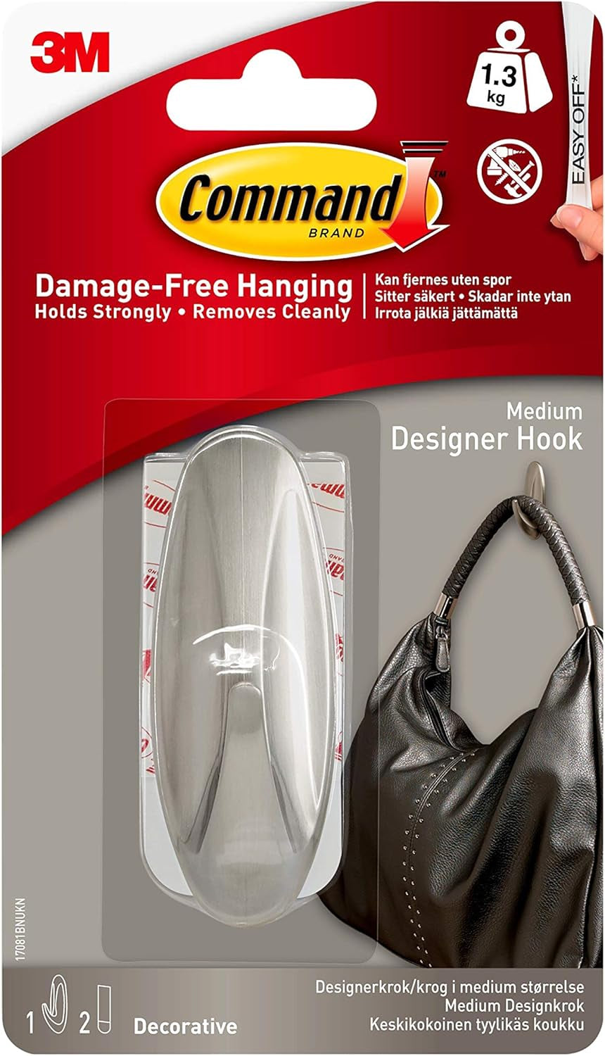 Command Designer Hooks, Medium, Brushed Nickel, 3-Hooks (17081BN-3ES), Great for Dorm Decor