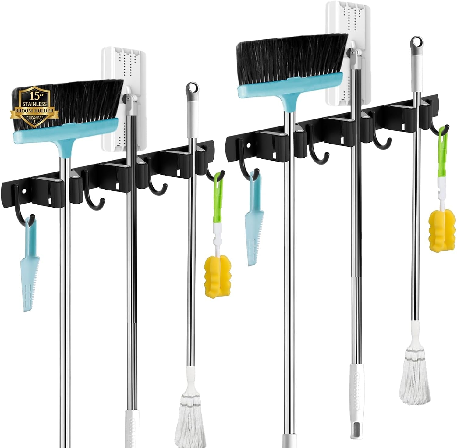 5 Holders+4 Hooks Broom Holder Wall Mounted with Nails Installation, Heavy Duty Stainless Steel Mop Holder, Brush Mop and Broom Storage Self Adhesive