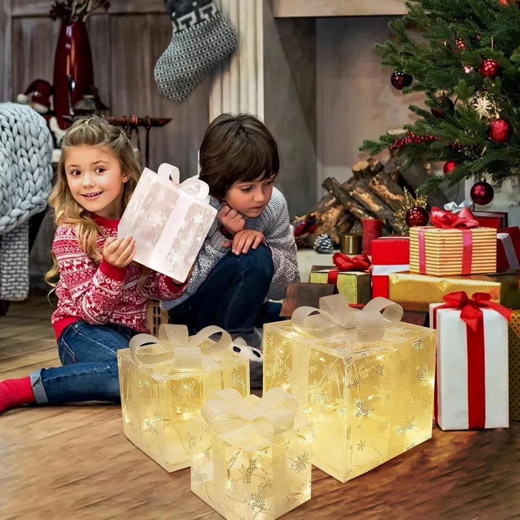 3 Pack Illuminated LED Light up Gift Boxes Christmas Decorations Presents Ribbon