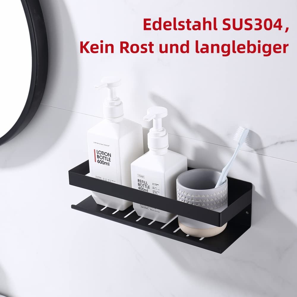 HomeHeng Shower Shelf Self Adhesive Bathroom Shelf Wall Mounted Stick on Shower Caddy SUS304 Stainless Steel Matte Black 30CM, H91107-30MB