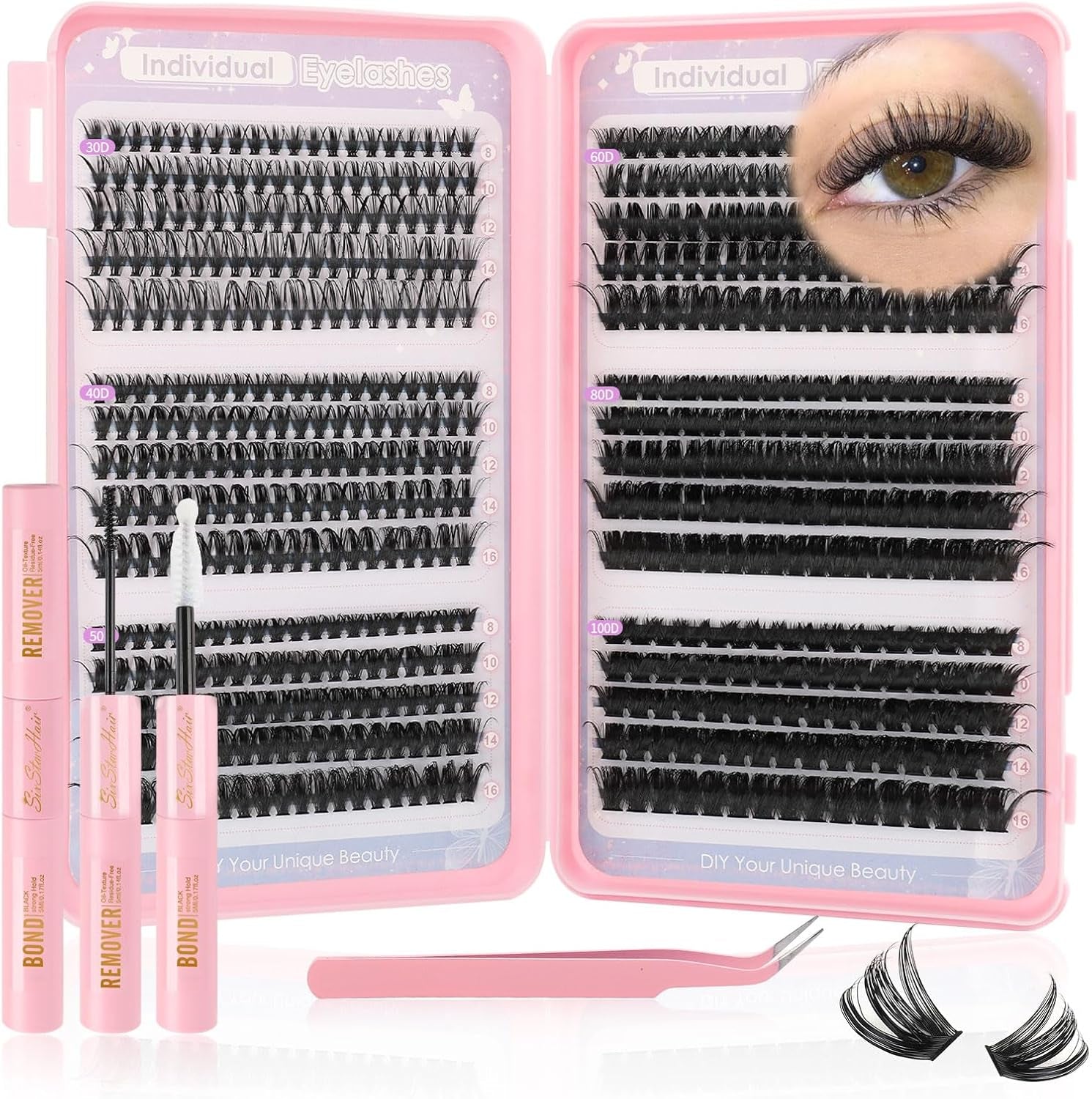 Individual Eyelashes Kit 544Pcs Lash Clusters with Glue and Remover Volume Clusters Lashes Book Kit D Curl Eyelash Extensions for DIY at Home 10-16Mm (60+100+120+150D)