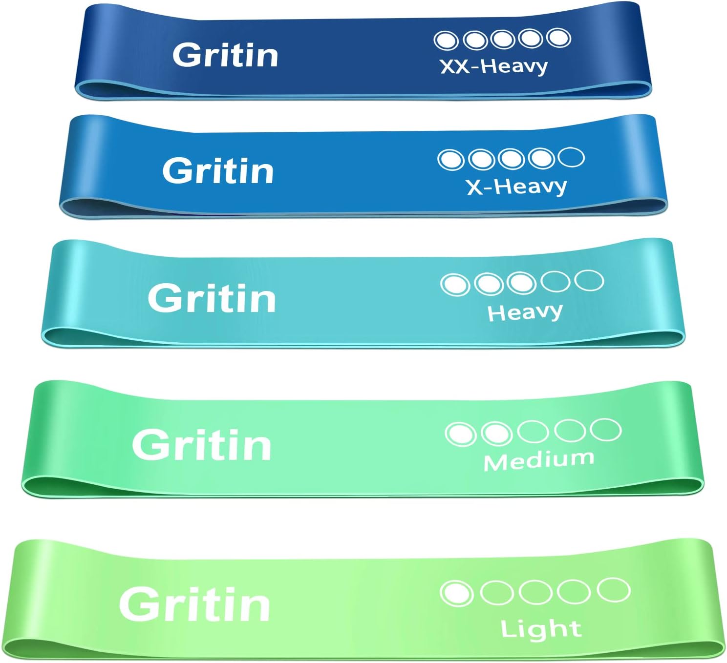 Gritin Resistance Bands, Set of 5 Skin-Friendly Resistance Fitness Exercise Loop Bands with 5 Different Strength Levels - Carrying Case Included - Ideal for Home, Gym, Yoga, Training