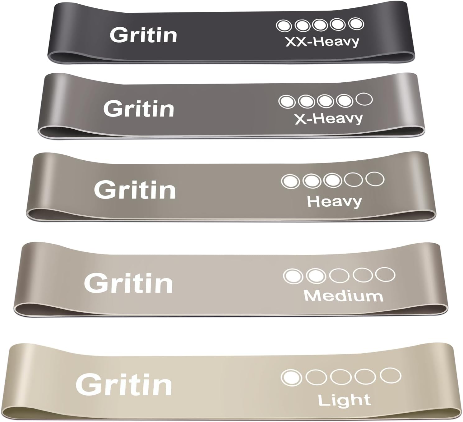 Gritin Resistance Bands, Set of 5 Skin-Friendly Resistance Fitness Exercise Loop Bands with 5 Different Strength Levels - Carrying Case Included - Ideal for Home, Gym, Yoga, Training