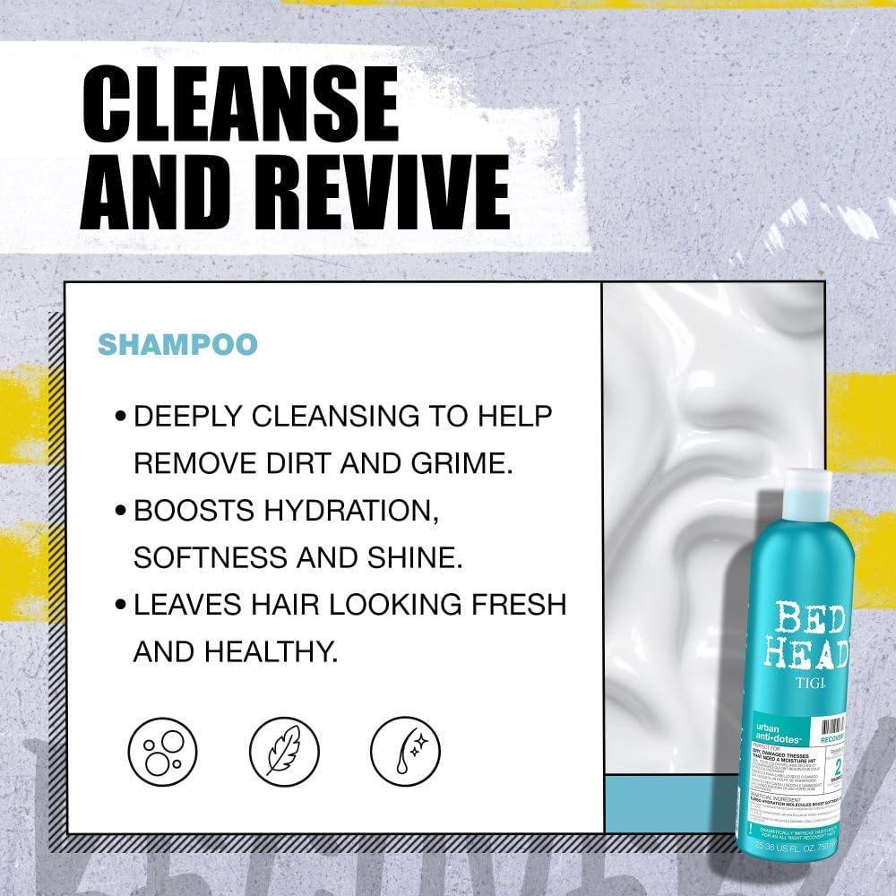 Bed Head by  750Ml Recovery Shampoo and Conditioner Set - Deep Moisture, Salon-Pro, Shampoo and Conditioner for Dry, Heat Damaged Hair to Control Frizz, Unisex Colour Protection Hair Treatment