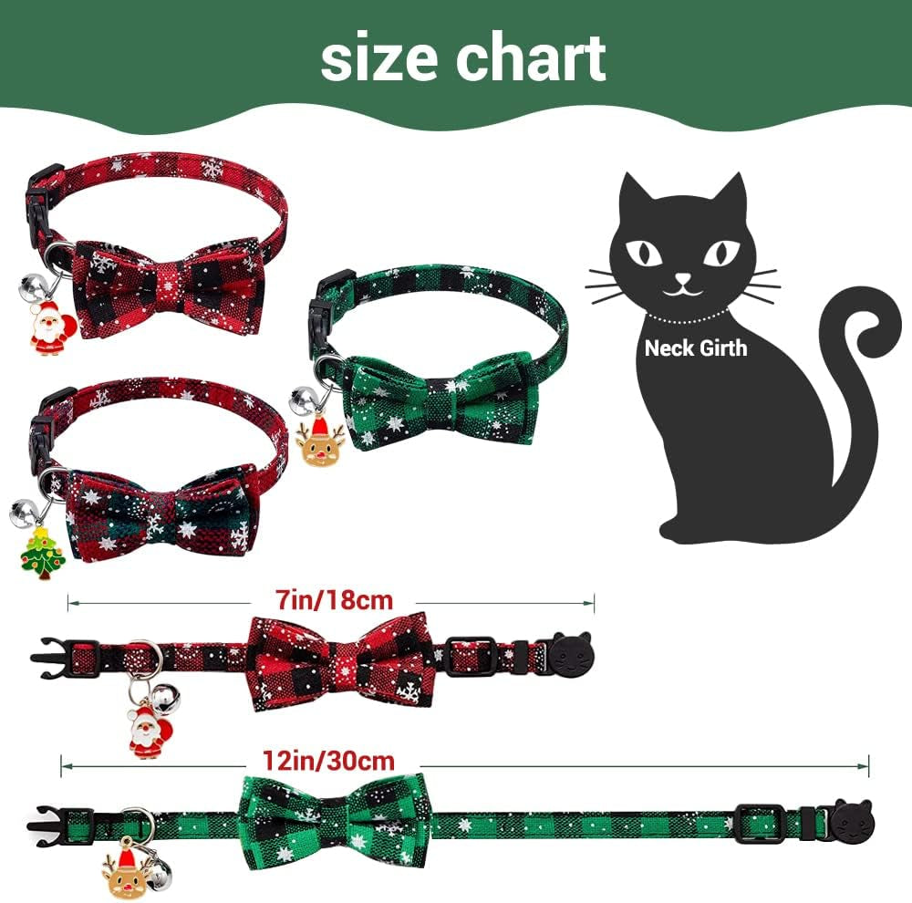 3 Pack Christmas Plaid Cat Collars, Breakaway Cat Collars with Bow Tie Bells Xmas Adjustable Plaid Snowflake Collar Safety Quick Release for Puppy Kitten Supplies