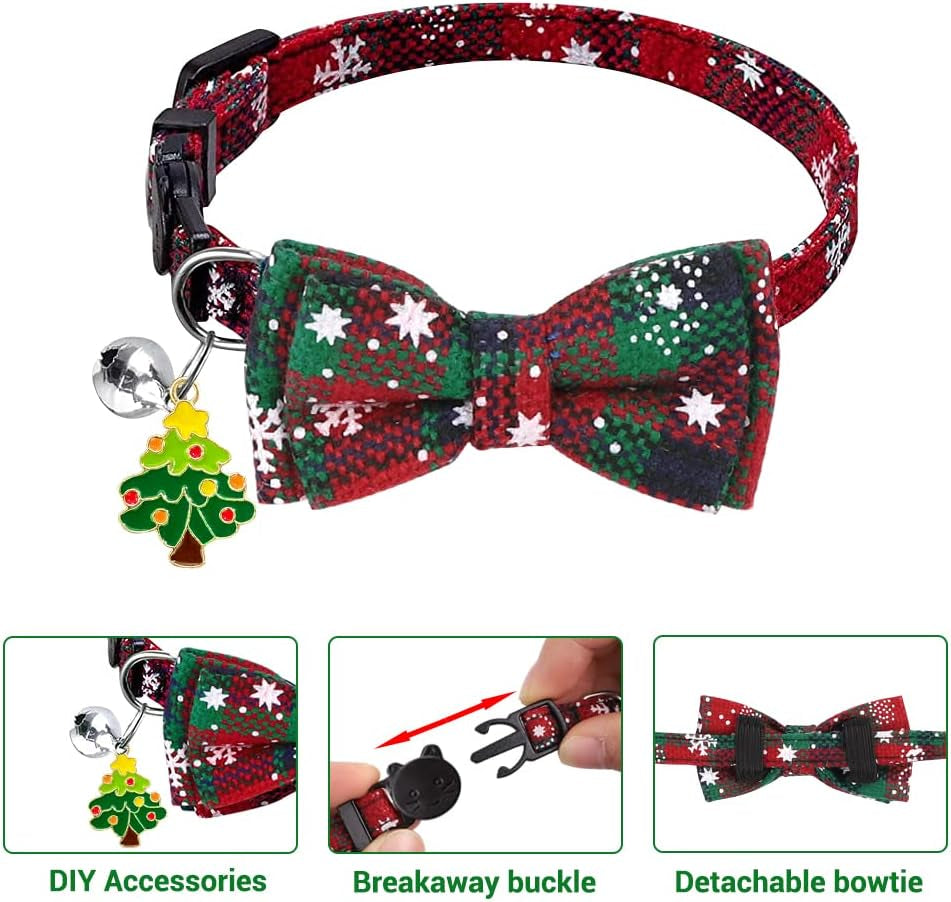 3 Pack Christmas Plaid Cat Collars, Breakaway Cat Collars with Bow Tie Bells Xmas Adjustable Plaid Snowflake Collar Safety Quick Release for Puppy Kitten Supplies