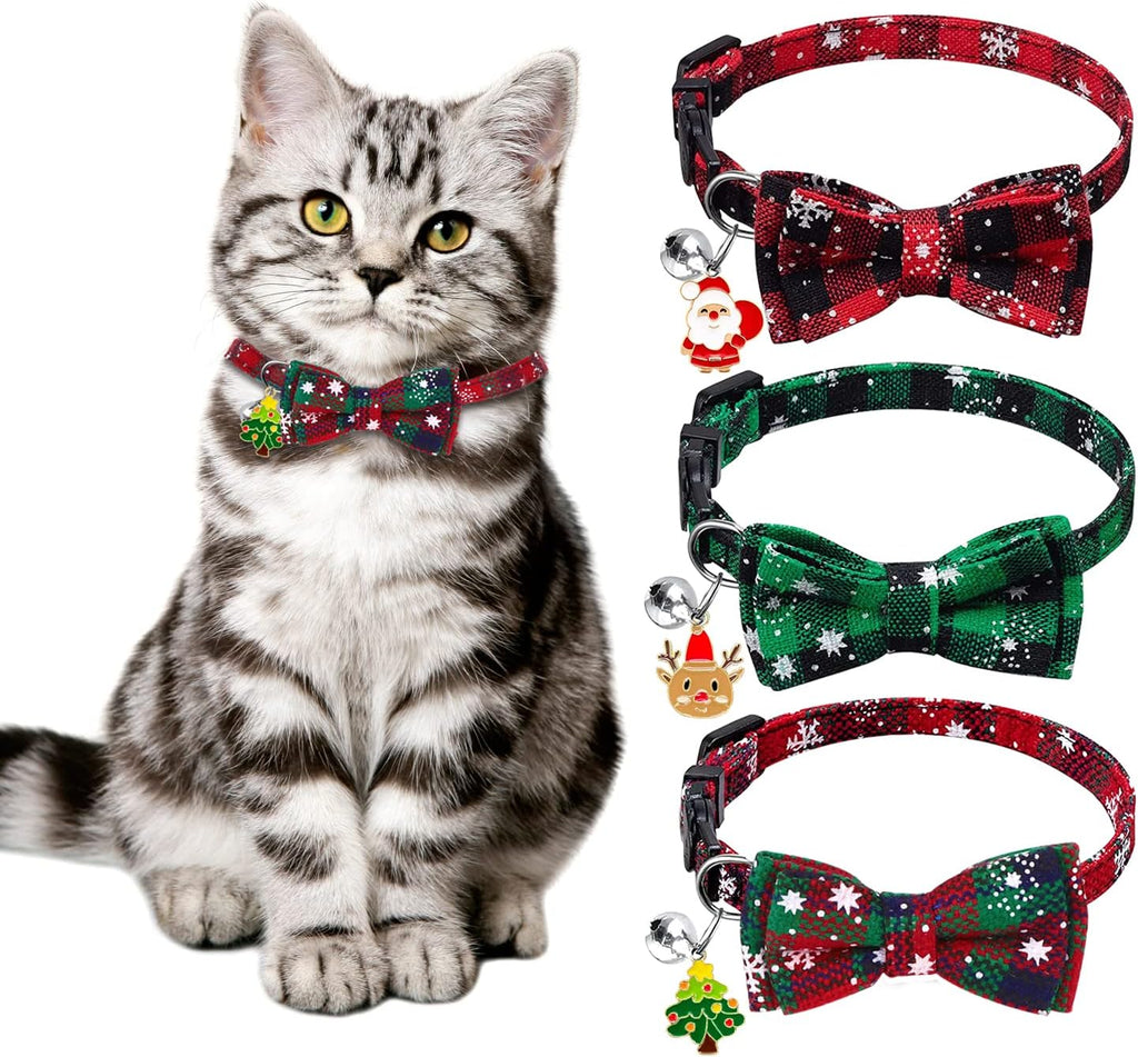 3 Pack Christmas Plaid Cat Collars, Breakaway Cat Collars with Bow Tie Bells Xmas Adjustable Plaid Snowflake Collar Safety Quick Release for Puppy Kitten Supplies