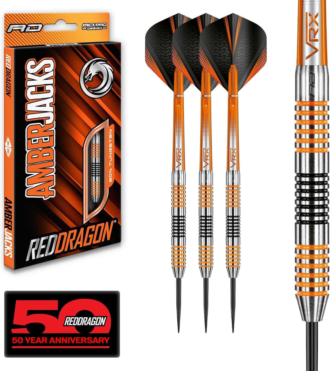 RED DRAGON Amberjack Tungsten Darts Set with Darts Flights & Dart Stems (Shafts) – Professional 90% Tungsten Premium Darts Set – Available in 22G, 23G, 24G, 25G, 26G, 27G, 28G, 30G
