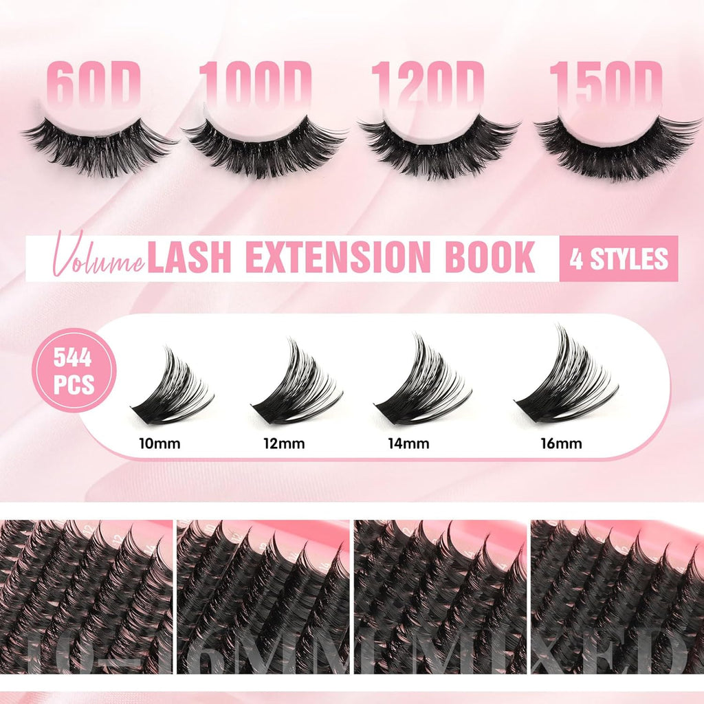 Individual Eyelashes Kit 544Pcs Lash Clusters with Glue and Remover Volume Clusters Lashes Book Kit D Curl Eyelash Extensions for DIY at Home 10-16Mm (60+100+120+150D)