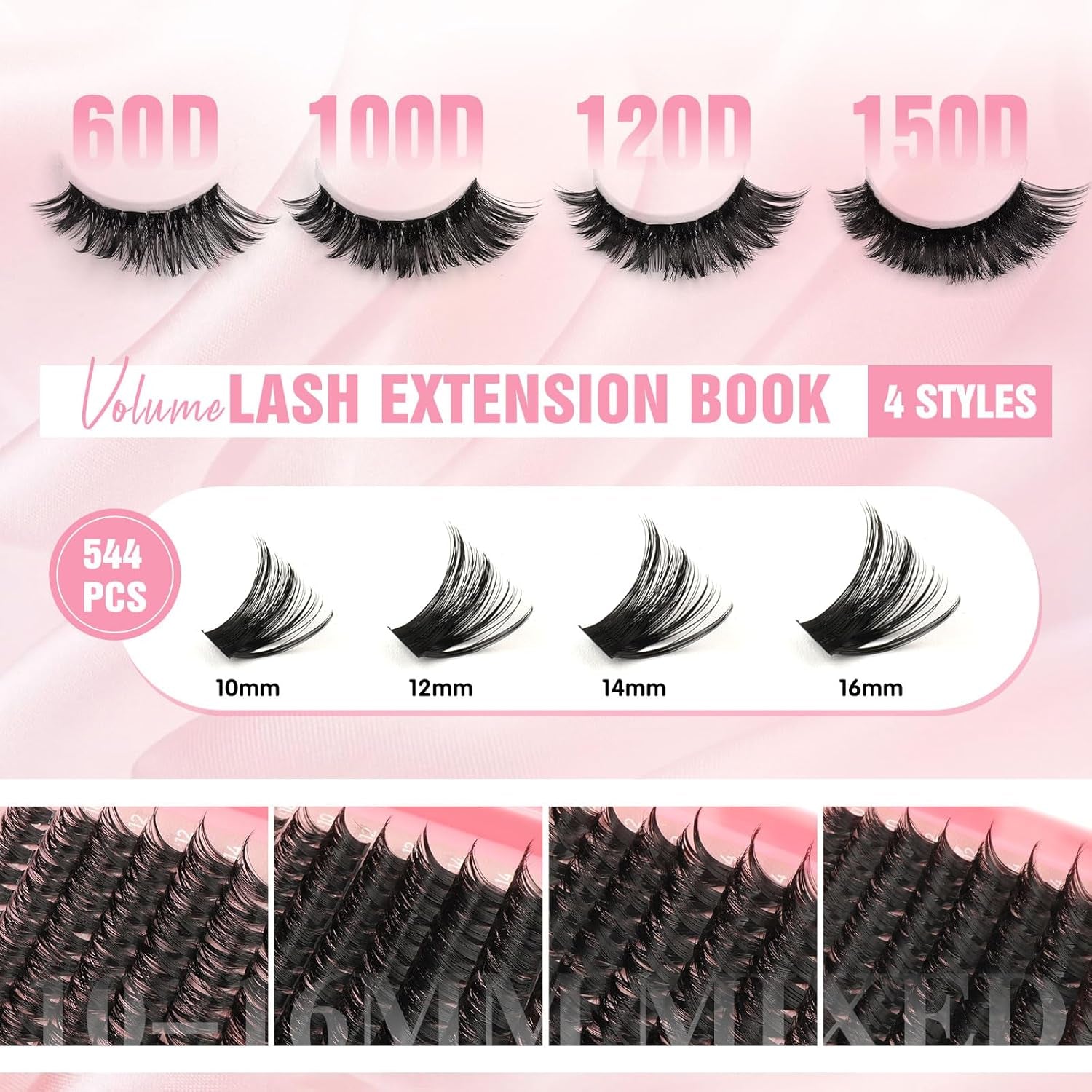 Individual Eyelashes Kit 544Pcs Lash Clusters with Glue and Remover Volume Clusters Lashes Book Kit D Curl Eyelash Extensions for DIY at Home 10-16Mm (60+100+120+150D)