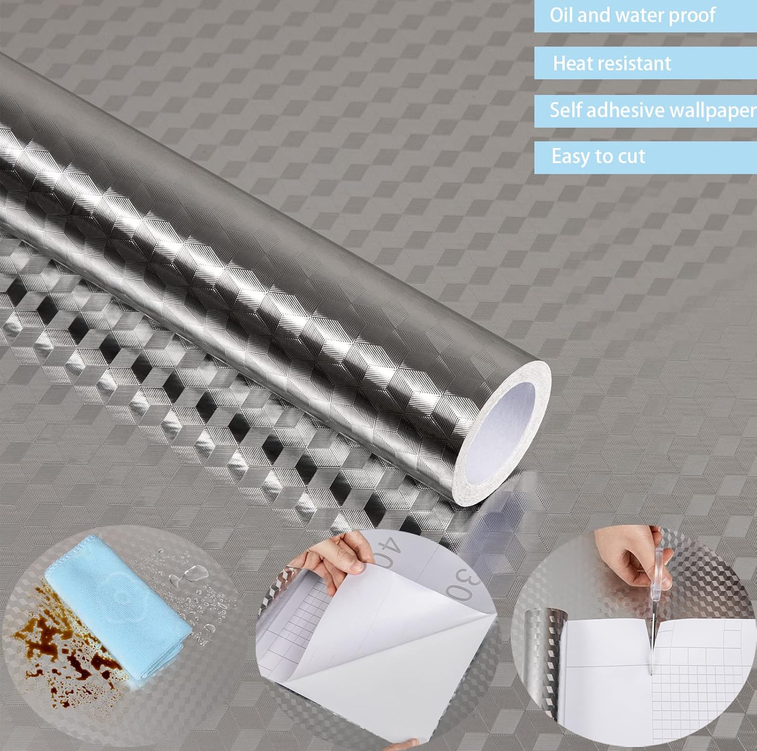 Abyssaly Oil Proof Sticker Self Adhesive Wallpaper Viny Wrap Aluminum Silver Foil 30Cm X 200Cm Waterproof Sticky Back Plastic Roll for Kitchen Drawer Liners Shelf Liner Cupboard Backsplash