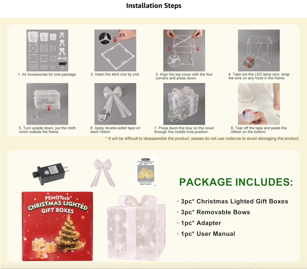 3 Pack Illuminated LED Light up Gift Boxes Christmas Decorations Presents Ribbon