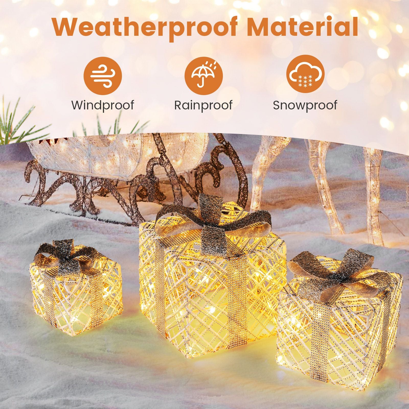 Set of 3 Christmas Lighted Gift Boxes with Bows and Ground Stakes