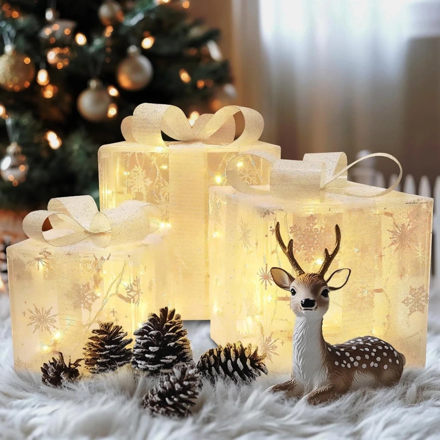 3 Pack Illuminated LED Light up Gift Boxes Christmas Decorations Presents Ribbon