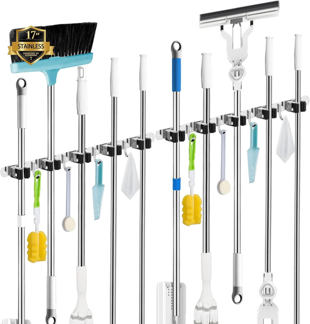 5 Holders+4 Hooks Broom Holder Wall Mounted with Nails Installation, Heavy Duty Stainless Steel Mop Holder, Brush Mop and Broom Storage Self Adhesive