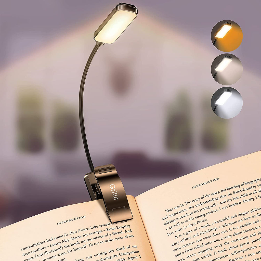 9 LED Clip on Book Light, 3 Eye-Protecting Modes Flexible Reading Light Book Lamp (Warm&Cool White) -Stepless Dimming, Rechargeable, Long Battery Life, 4-Level Power Indicator