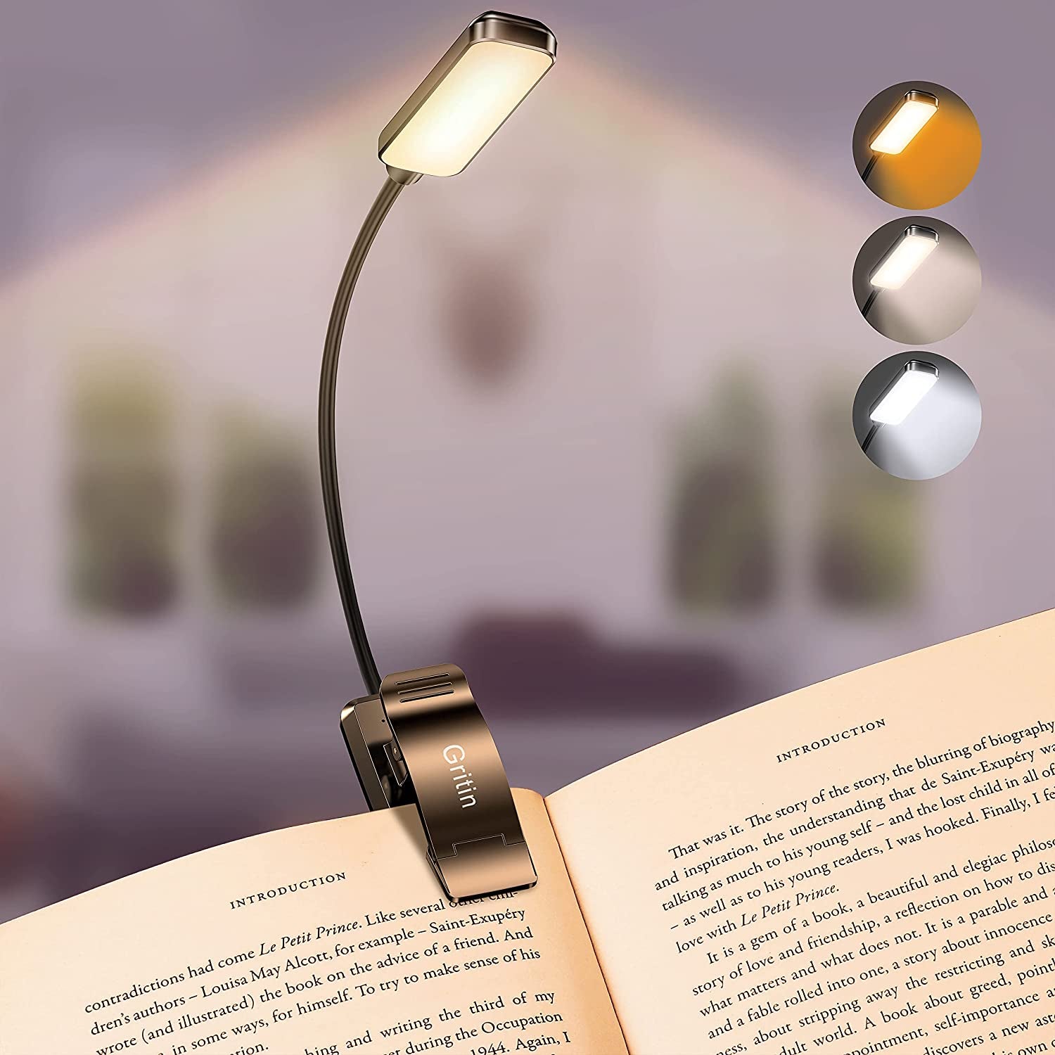 9 LED Clip on Book Light, 3 Eye-Protecting Modes Flexible Reading Light Book Lamp (Warm&Cool White) -Stepless Dimming, Rechargeable, Long Battery Life, 4-Level Power Indicator