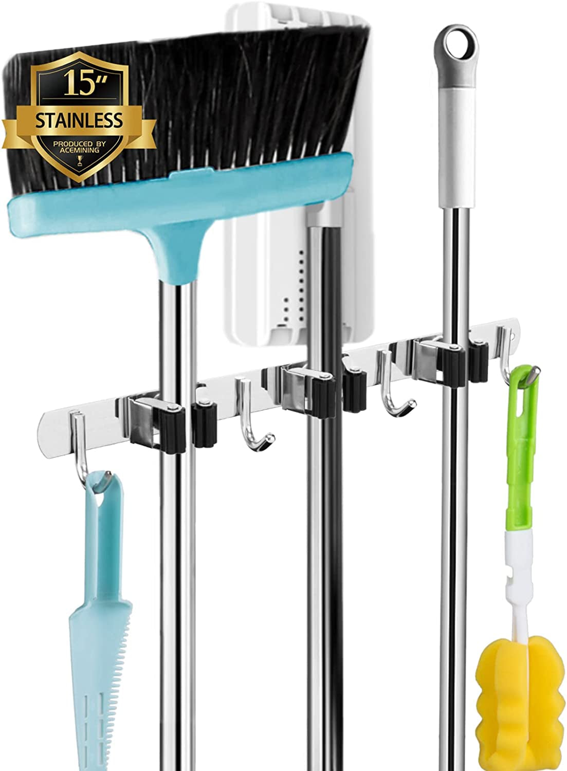 5 Holders+4 Hooks Broom Holder Wall Mounted with Nails Installation, Heavy Duty Stainless Steel Mop Holder, Brush Mop and Broom Storage Self Adhesive