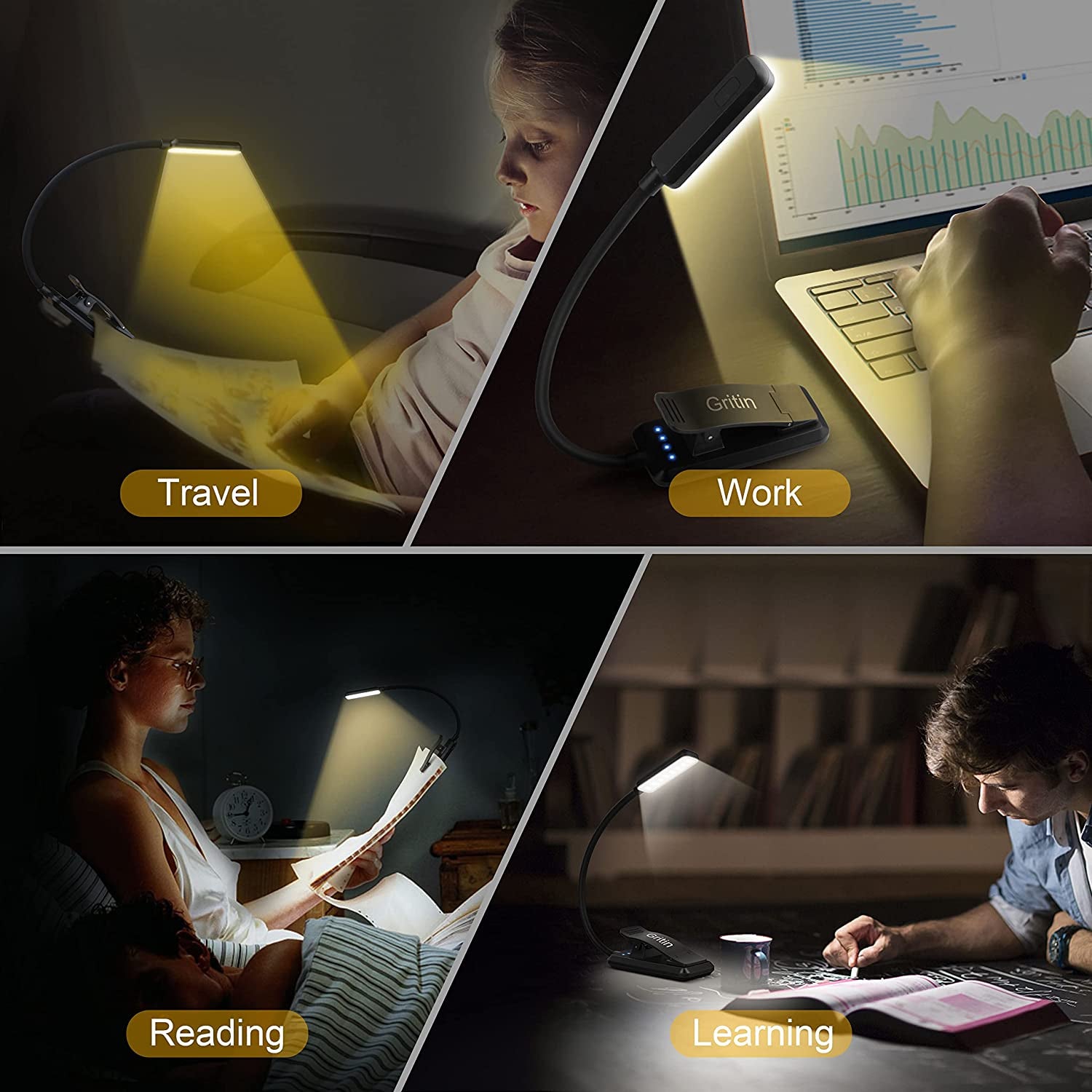 9 LED Clip on Book Light, 3 Eye-Protecting Modes Flexible Reading Light Book Lamp (Warm&Cool White) -Stepless Dimming, Rechargeable, Long Battery Life, 4-Level Power Indicator