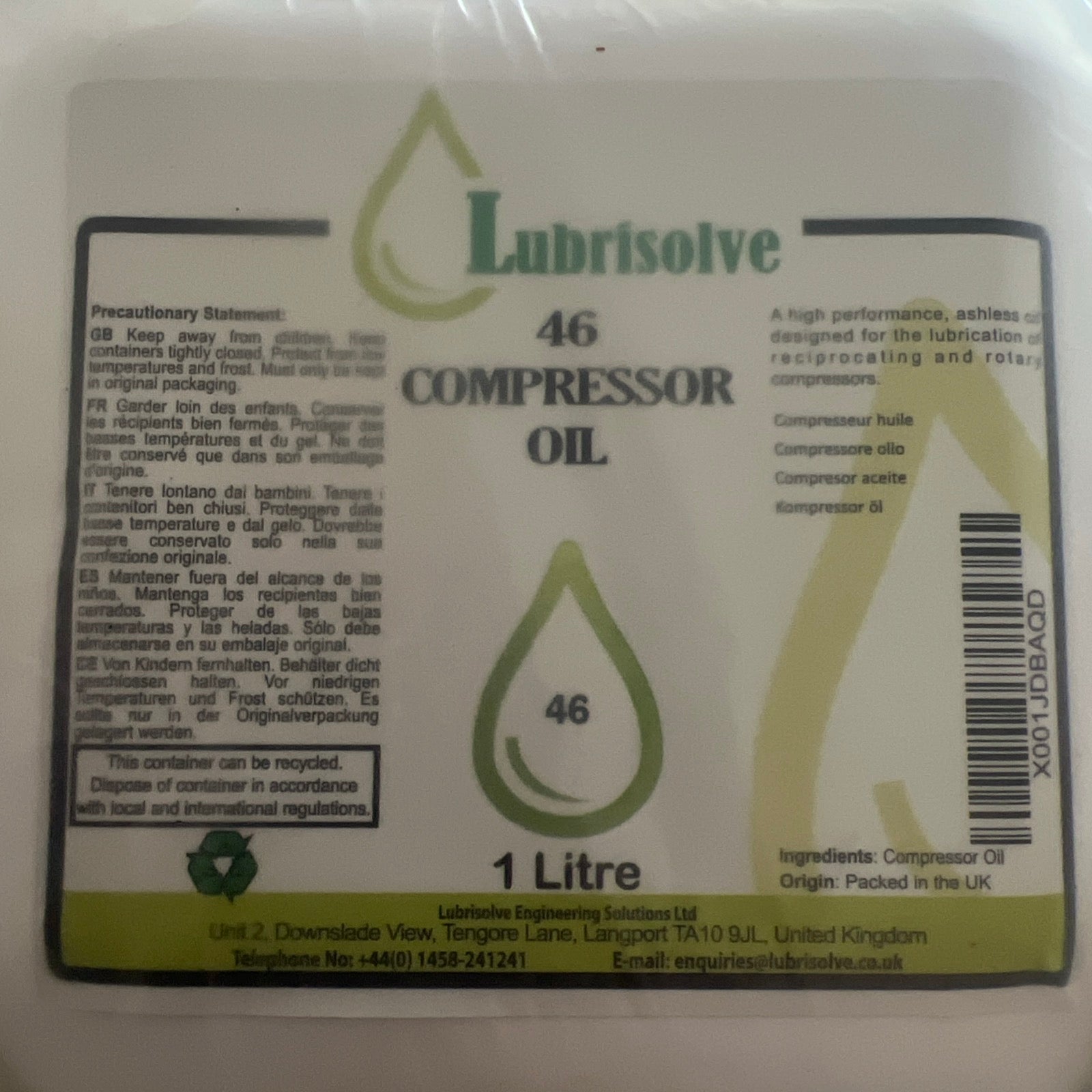 Compressor Oil 46 Lubrisolve 1L Bottle