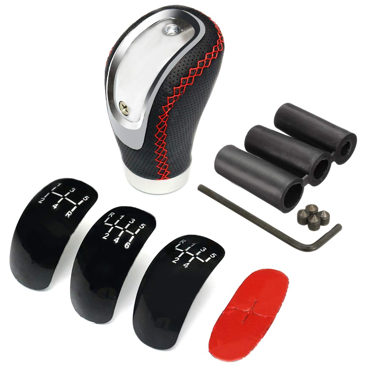 Goolsky Car Gear Shift Knob, 5 6 Speed Black PU Leather Manual Shifter Lever Handle Stick with 3 Cap Replacement for 8mm 10mm 12mm Port Gear Lever