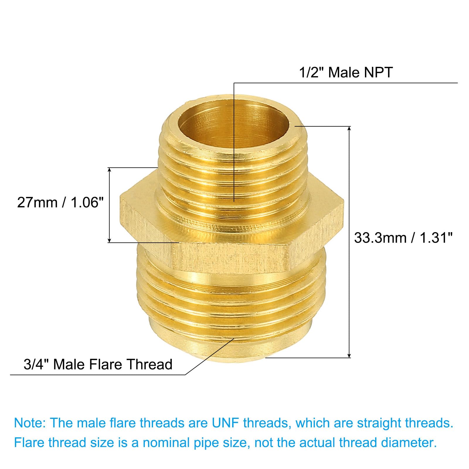PATIKIL Brass Flare Coupling Fitting, 1/2" Male NPT x 5/8" Male Flare Thread Brass Pipe Fitting Connector Tubing Adapter Coupler Reducer for Propane, Fuel, Oil, Gas Systems