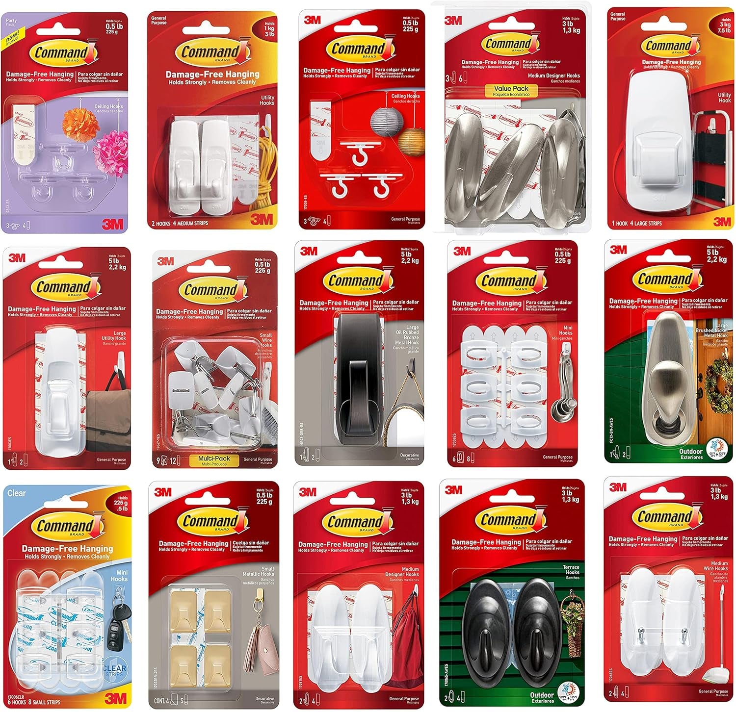 Command Designer Hooks, Medium, Brushed Nickel, 3-Hooks (17081BN-3ES), Great for Dorm Decor