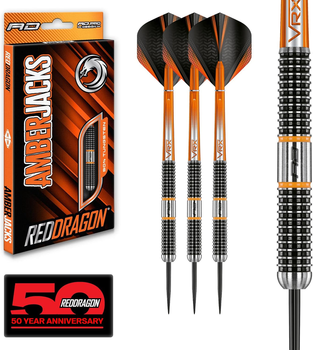 RED DRAGON Amberjack Tungsten Darts Set with Darts Flights & Dart Stems (Shafts) – Professional 90% Tungsten Premium Darts Set – Available in 22G, 23G, 24G, 25G, 26G, 27G, 28G, 30G