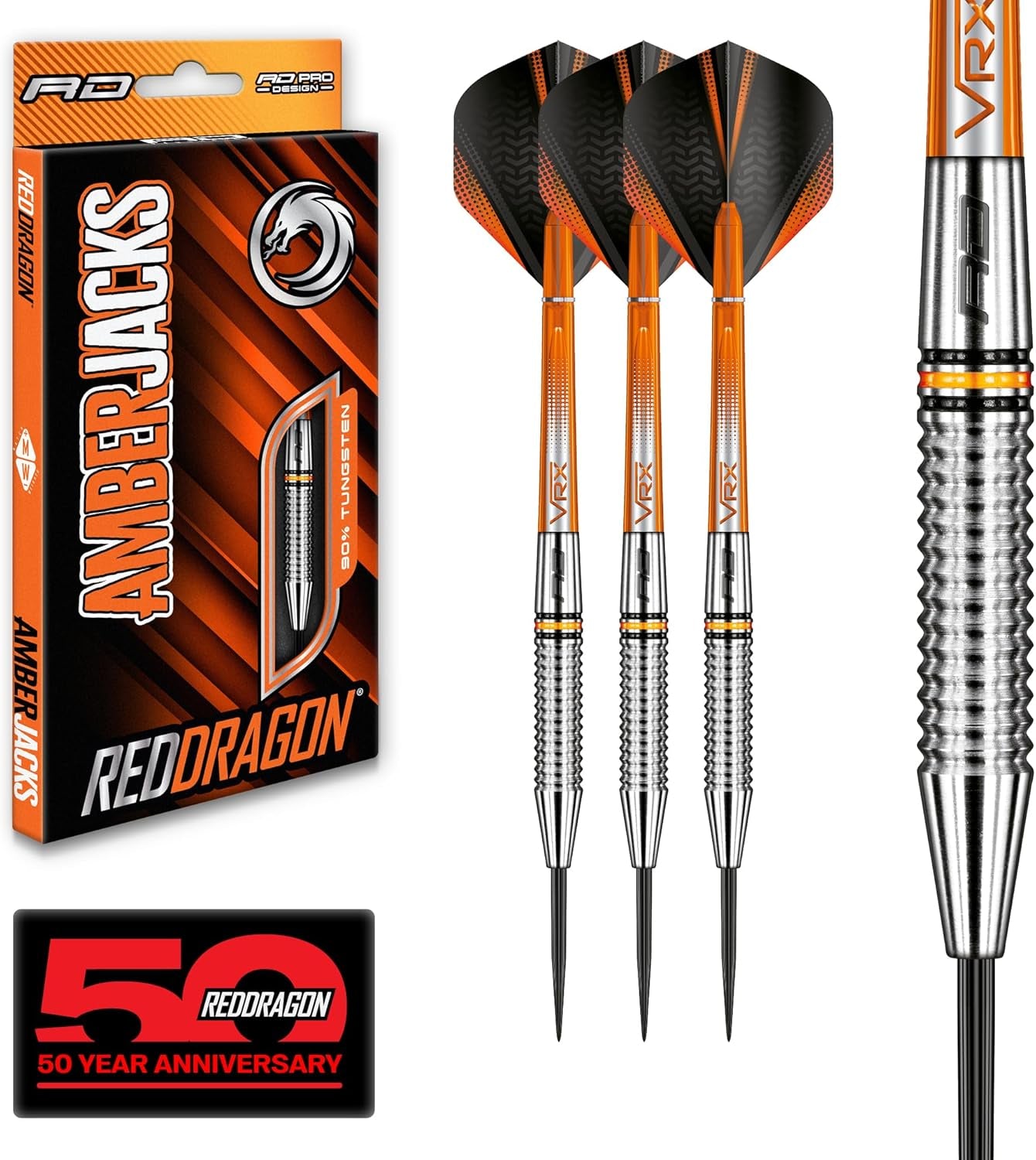 RED DRAGON Amberjack Tungsten Darts Set with Darts Flights & Dart Stems (Shafts) – Professional 90% Tungsten Premium Darts Set – Available in 22G, 23G, 24G, 25G, 26G, 27G, 28G, 30G