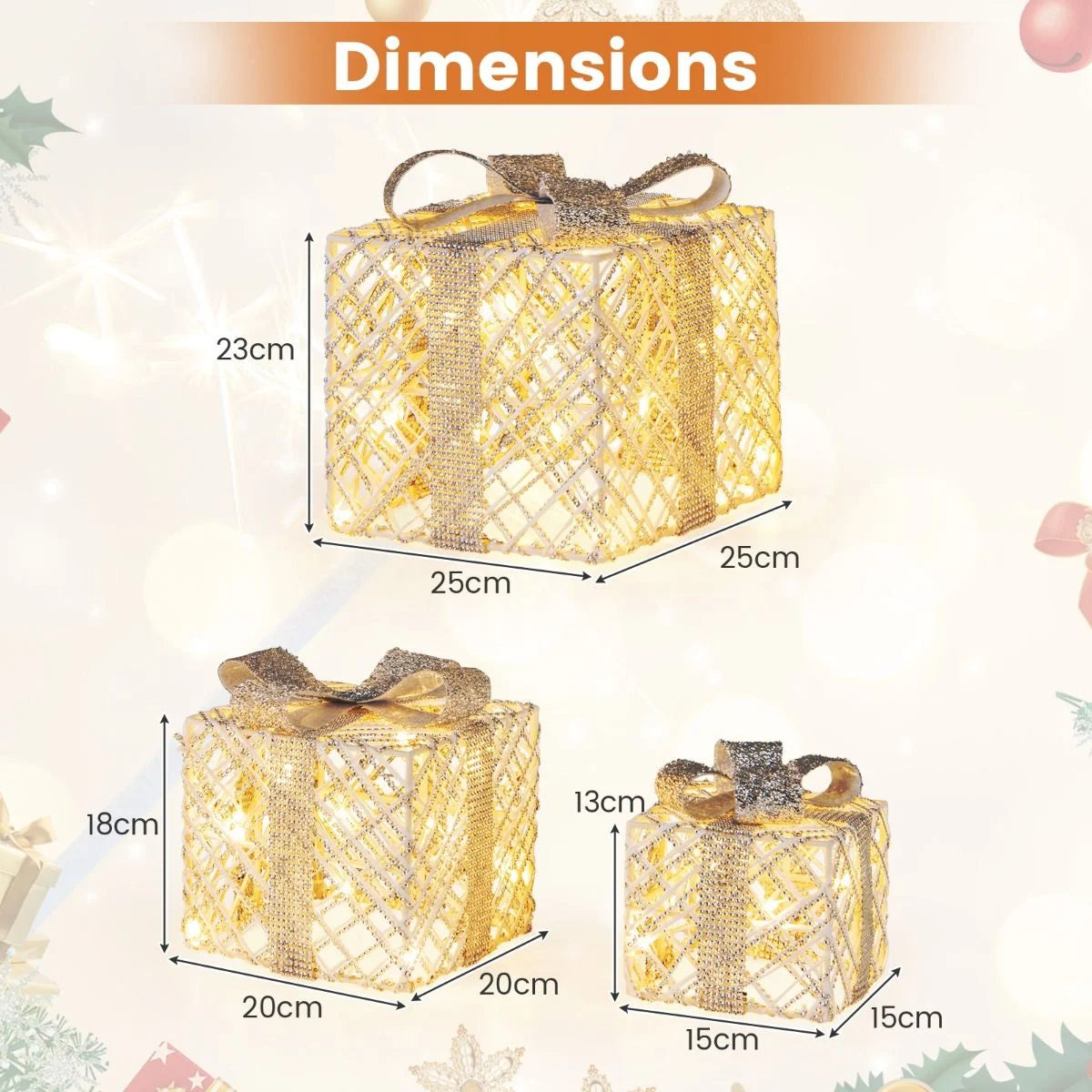 Set of 3 Christmas Lighted Gift Boxes with Bows and Ground Stakes