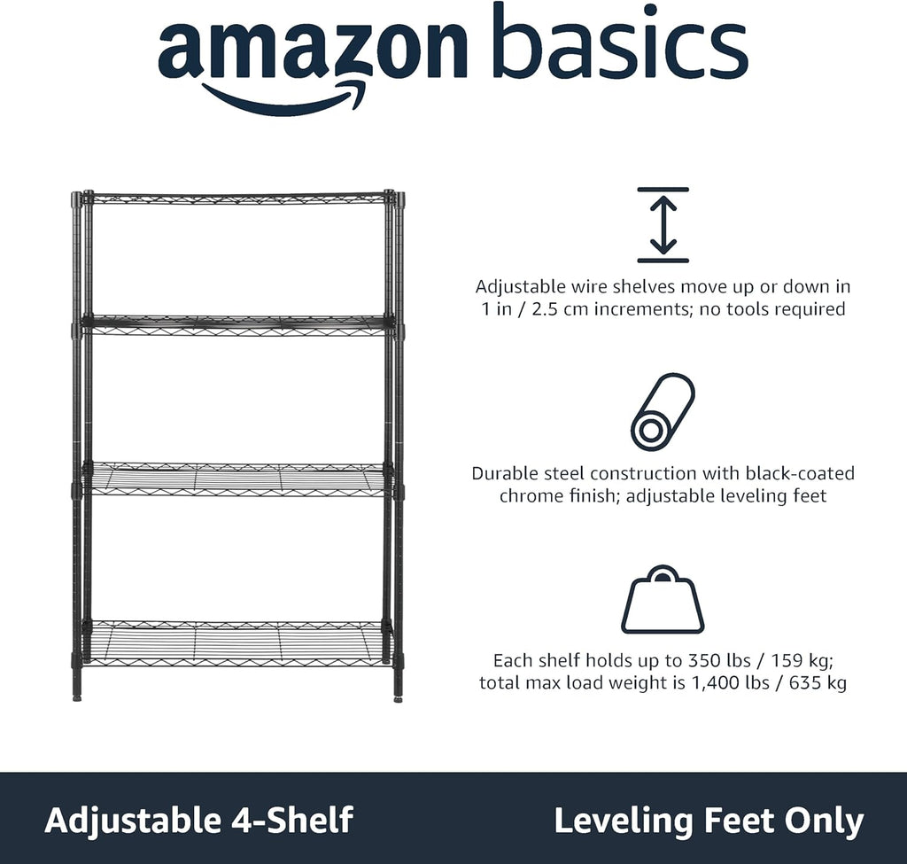 Amazon Basics 4-Shelf Storage Unit with Height Adjustable Shelves and Levelling Feet, 640 Kg Max Weight, Black, 35.6 Cm D X 91.4 Cm W X 137.1 Cm H