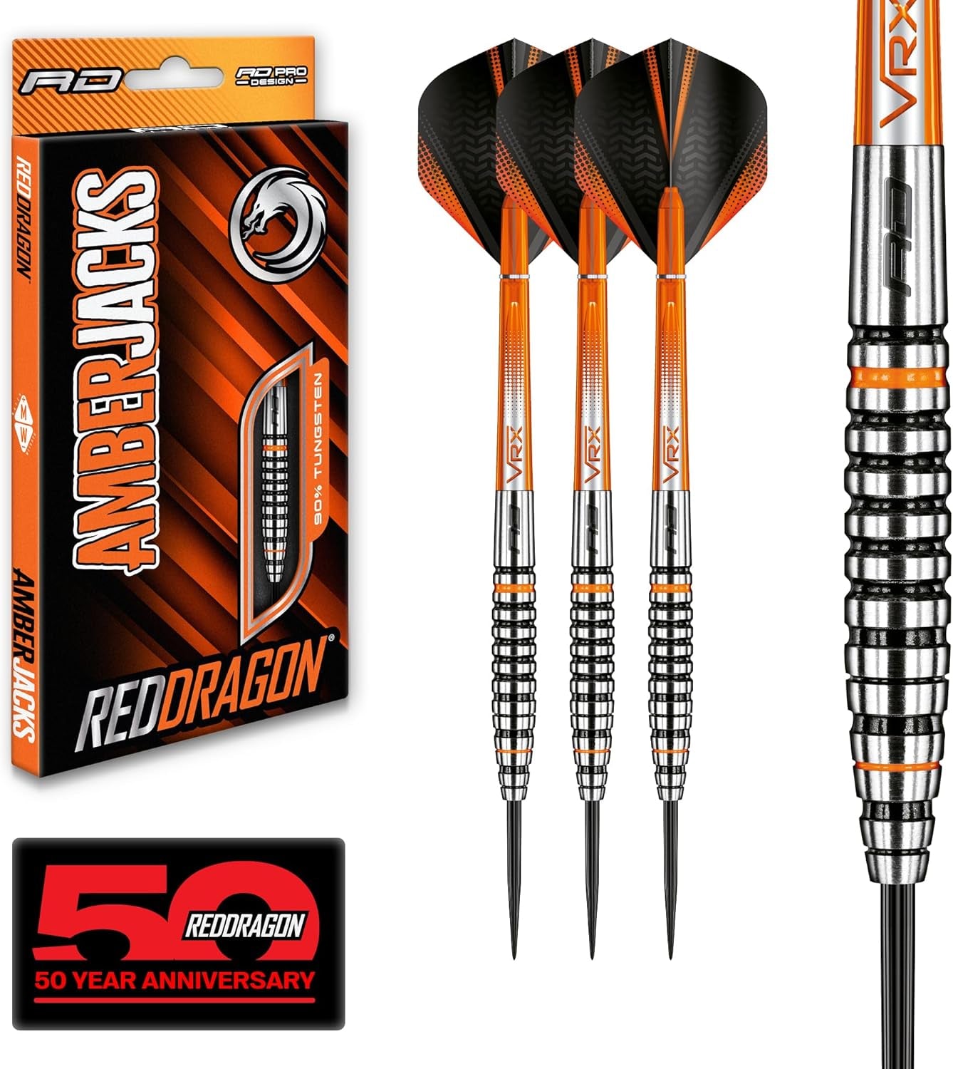 RED DRAGON Amberjack Tungsten Darts Set with Darts Flights & Dart Stems (Shafts) – Professional 90% Tungsten Premium Darts Set – Available in 22G, 23G, 24G, 25G, 26G, 27G, 28G, 30G