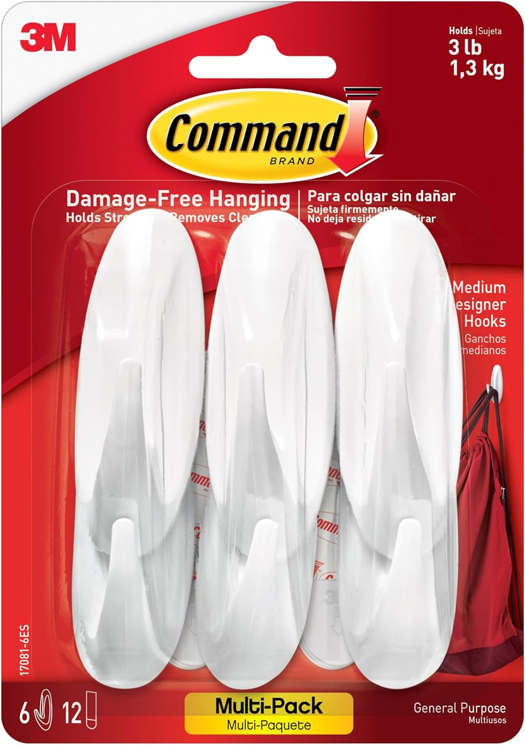 Command Designer Hooks, Medium, Brushed Nickel, 3-Hooks (17081BN-3ES), Great for Dorm Decor