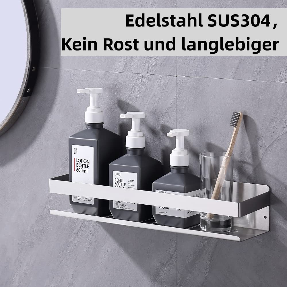 HomeHeng Self Adhesive Shower Shelf, Stick on Bathroom Shelf Wall Mounted, 40cm/15.8in SUS304 Stainless Steel Shower Caddy Two Installation Methods, Shower Storage OrganiserBrushed Finish, H91107-40BN