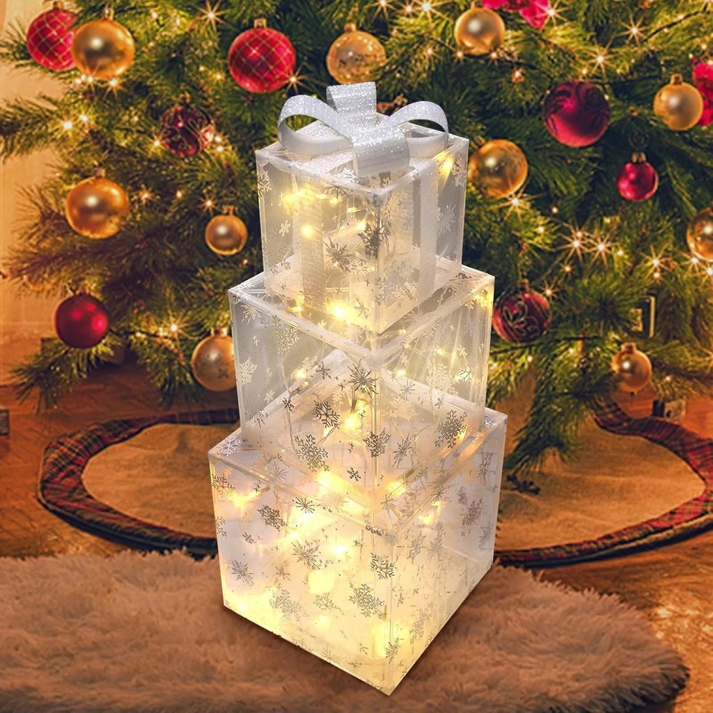 3 Pack Illuminated LED Light up Gift Boxes Christmas Decorations Presents Ribbon