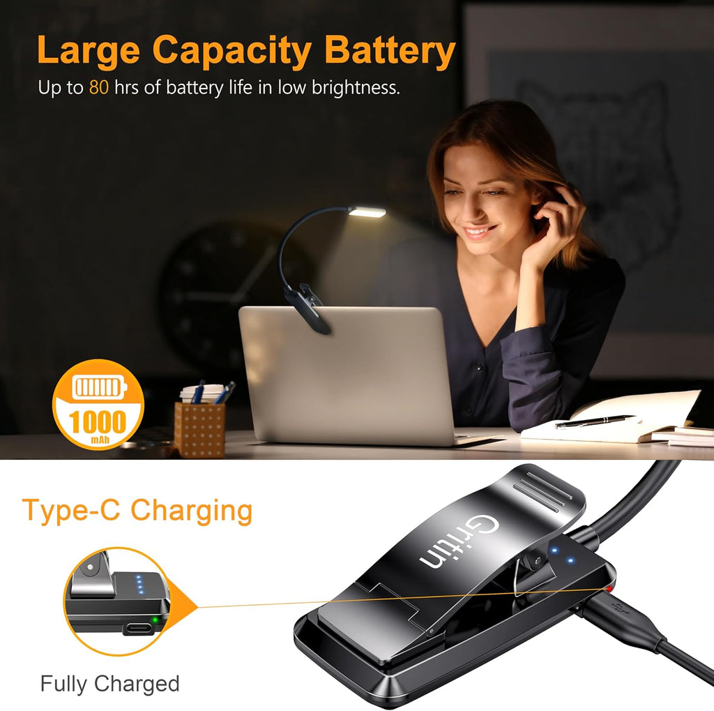 9 LED Clip on Book Light, 3 Eye-Protecting Modes Flexible Reading Light Book Lamp (Warm&Cool White) -Stepless Dimming, Rechargeable, Long Battery Life, 4-Level Power Indicator