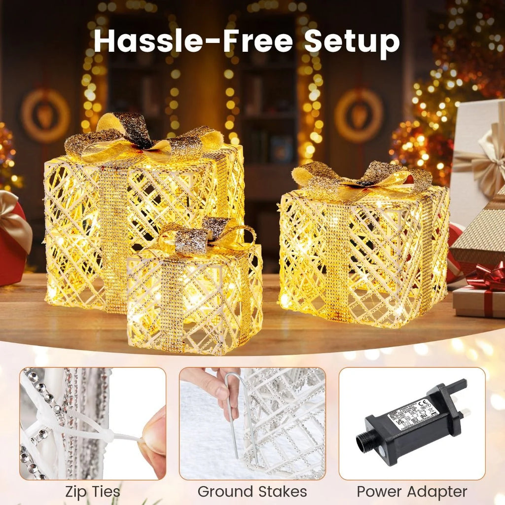 Set of 3 Christmas Lighted Gift Boxes with Bows and Ground Stakes