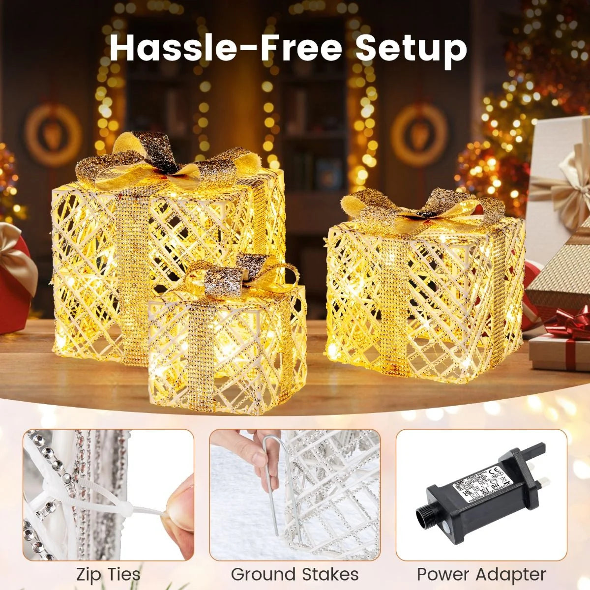 Set of 3 Christmas Lighted Gift Boxes with Bows and Ground Stakes