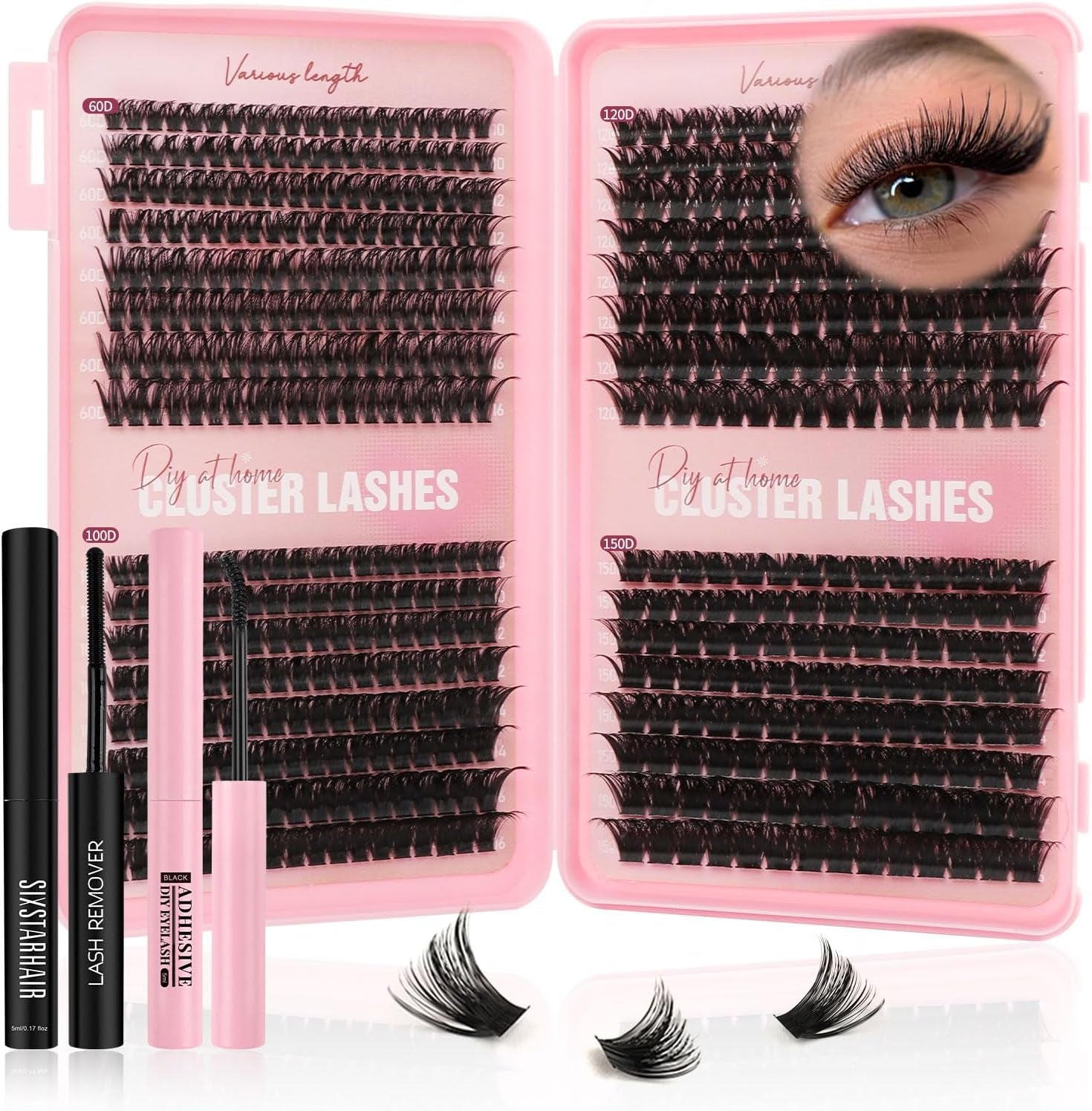 Individual Eyelashes Kit 544Pcs Lash Clusters with Glue and Remover Volume Clusters Lashes Book Kit D Curl Eyelash Extensions for DIY at Home 10-16Mm (60+100+120+150D)