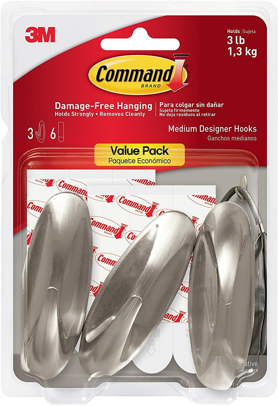 Command Designer Hooks, Medium, Brushed Nickel, 3-Hooks (17081BN-3ES), Great for Dorm Decor